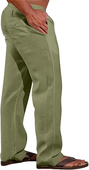 Linen Pants for Men Loose Fit Elastic Drawstring Waist Lounge Beach Pants Summer Casual Straight Leg Dress Trousers
