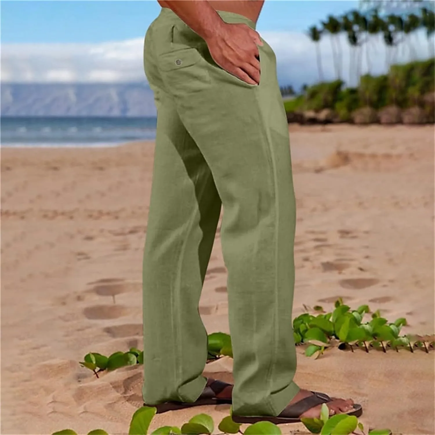 Linen Pants for Men Loose Fit Elastic Drawstring Waist Lounge Beach Pants Summer Casual Straight Leg Dress Trousers
