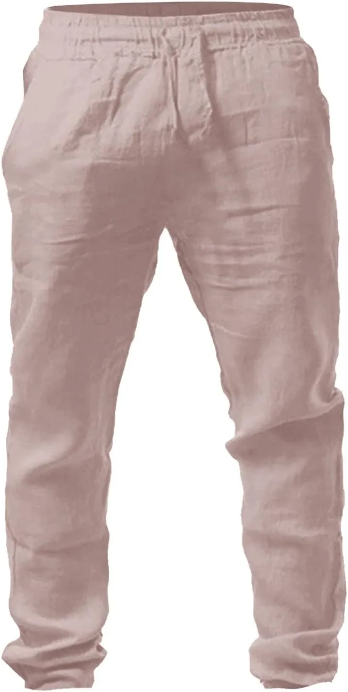 Linen Pants for Men Slim Fit Elastic Drawstring Waist Lounge Beach Pants Summer Casual Straight Leg Dress Trousers