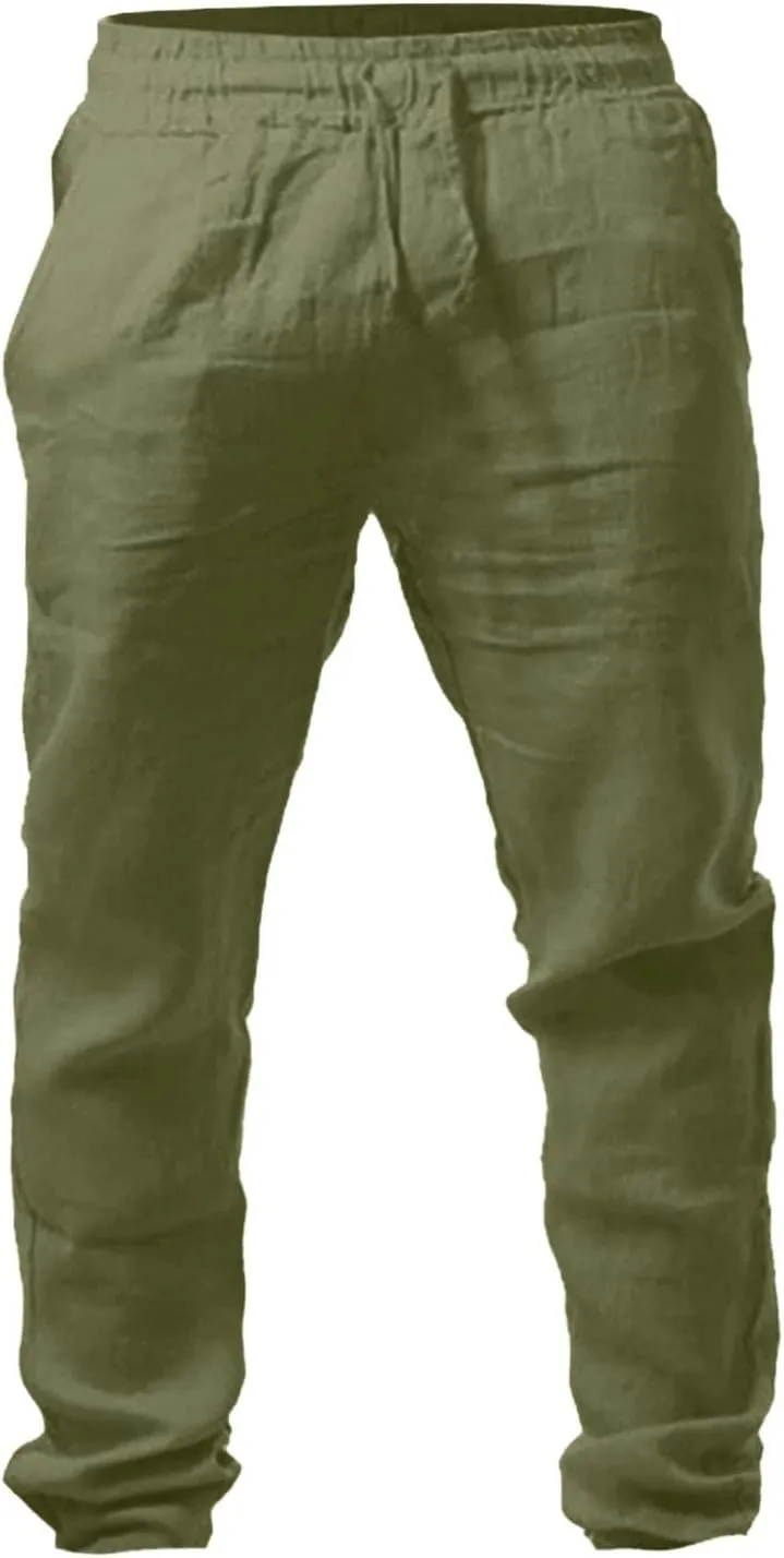 Linen Pants for Men Slim Fit Elastic Drawstring Waist Lounge Beach Pants Summer Casual Straight Leg Dress Trousers