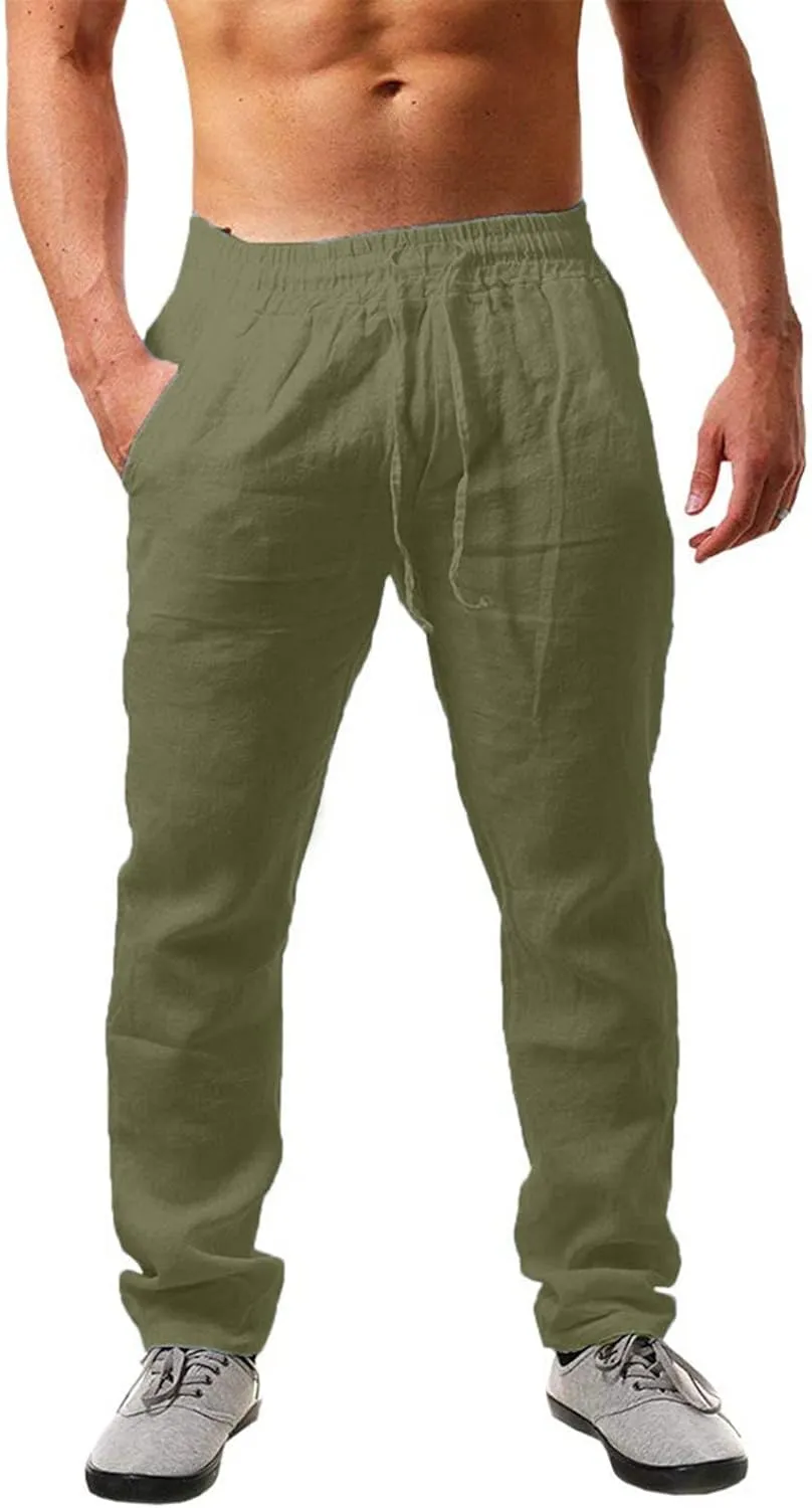 Linen Pants for Men Slim Fit Elastic Drawstring Waist Lounge Beach Pants Summer Casual Straight Leg Dress Trousers
