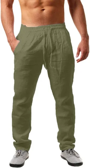 Linen Pants for Men Slim Fit Elastic Drawstring Waist Lounge Beach Pants Summer Casual Straight Leg Dress Trousers