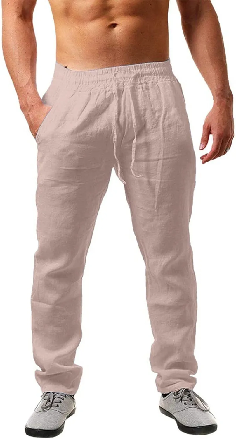 Linen Pants for Men Slim Fit Elastic Drawstring Waist Lounge Beach Pants Summer Casual Straight Leg Dress Trousers