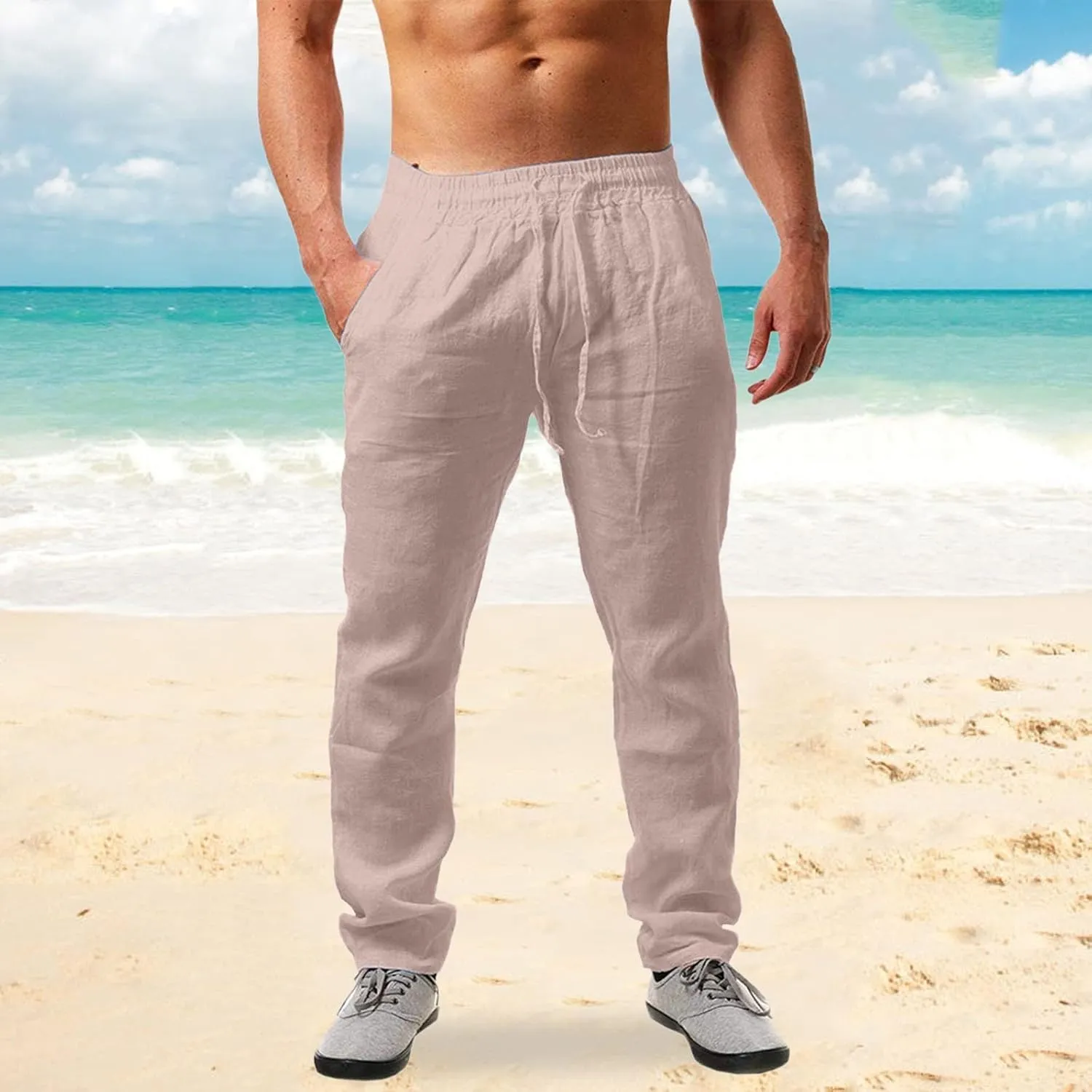 Linen Pants for Men Slim Fit Elastic Drawstring Waist Lounge Beach Pants Summer Casual Straight Leg Dress Trousers