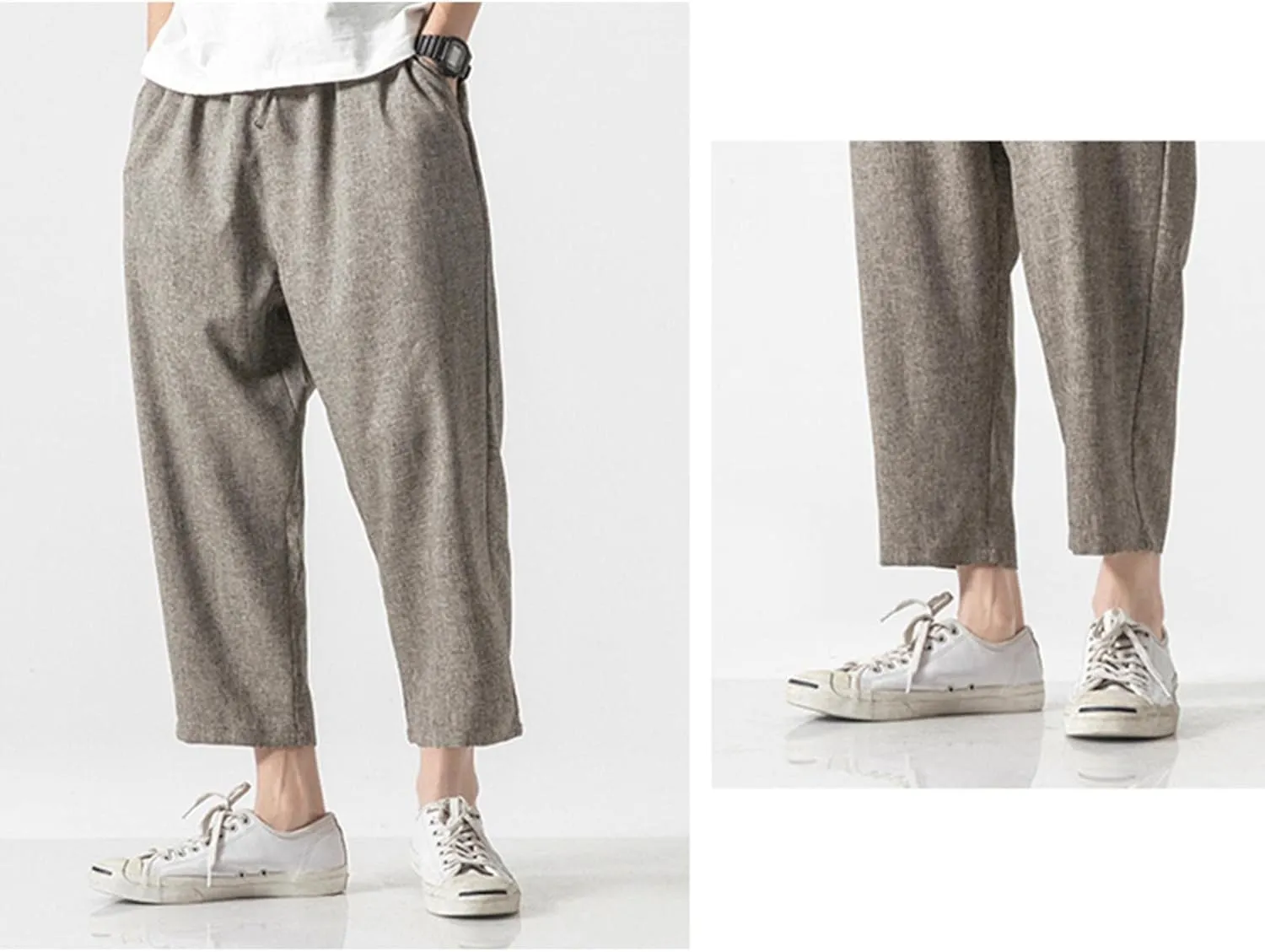 Linen Pants Men Baggy Casual Drawstring Elastic Waist Beach Yoga Pants Summer Lightweight Trousers with Pockets