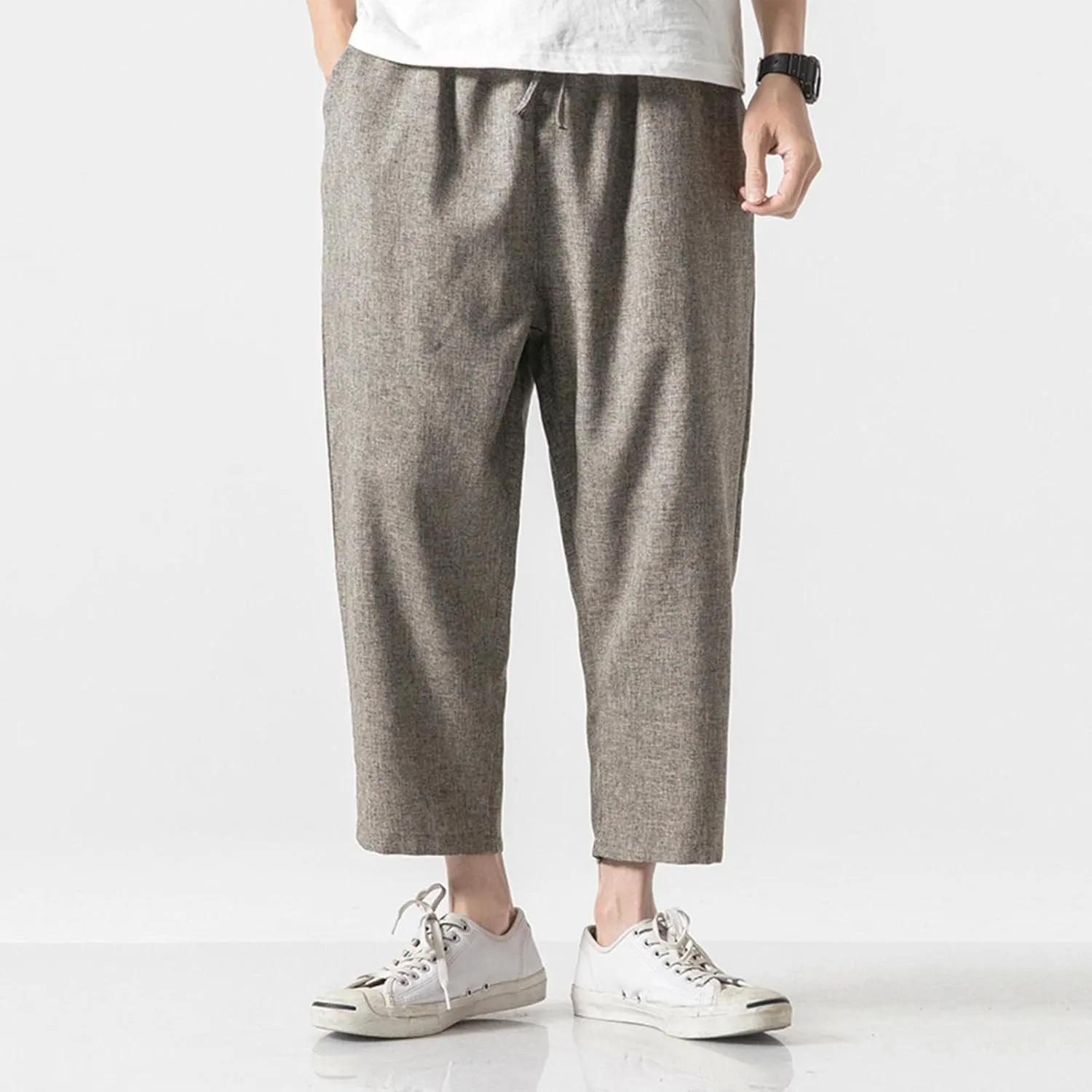 Linen Pants Men Baggy Casual Drawstring Elastic Waist Beach Yoga Pants Summer Lightweight Trousers with Pockets