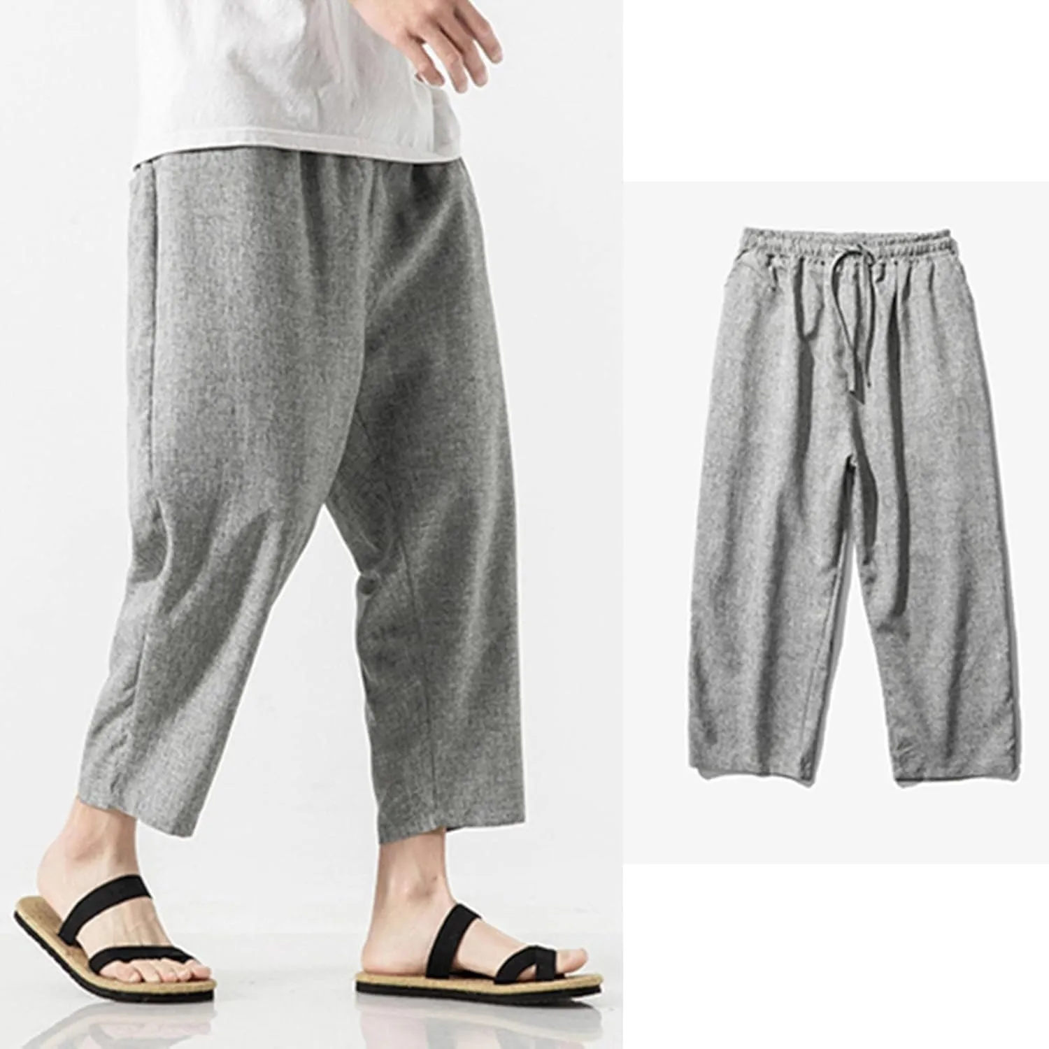 Linen Pants Men Baggy Casual Drawstring Elastic Waist Beach Yoga Pants Summer Lightweight Trousers with Pockets