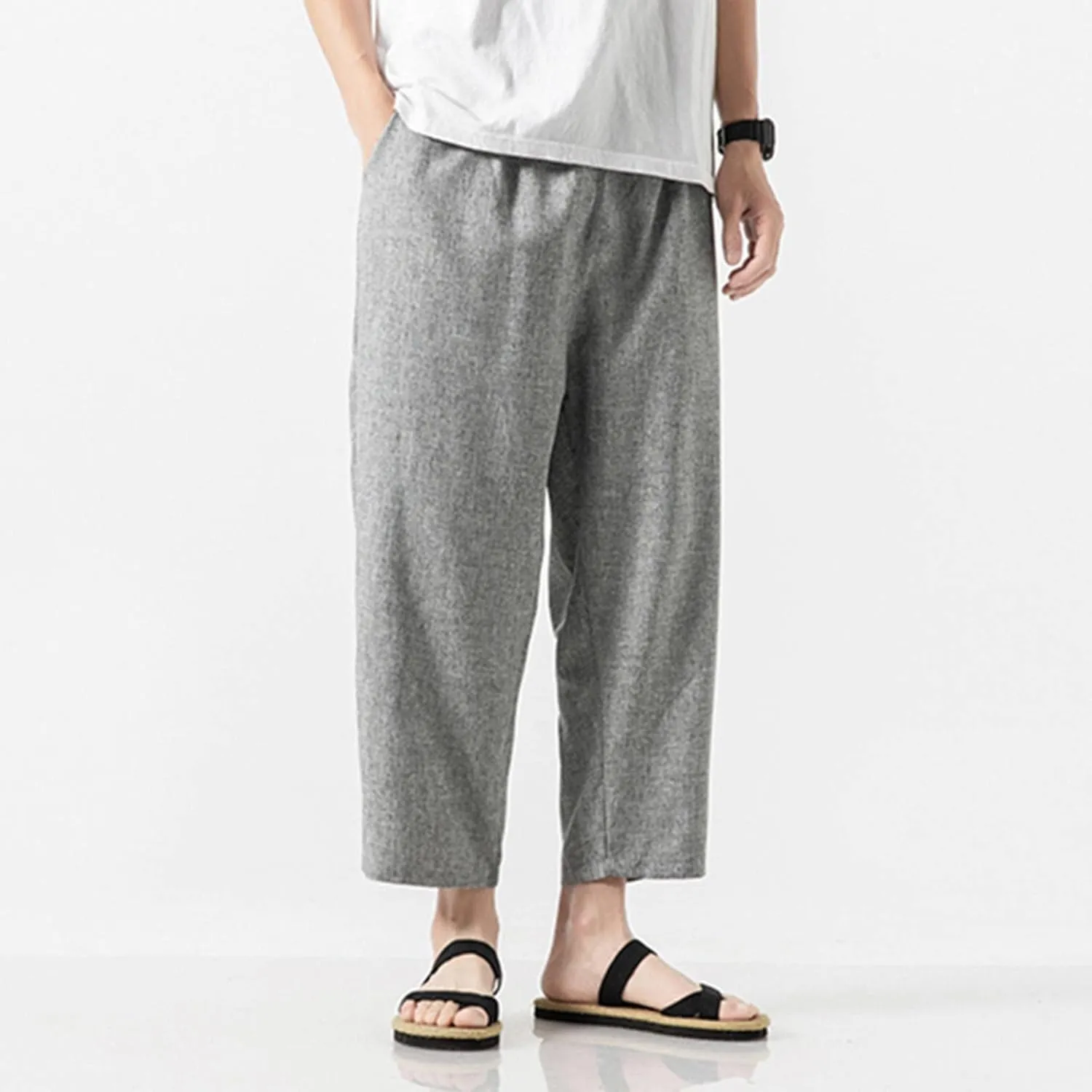 Linen Pants Men Baggy Casual Drawstring Elastic Waist Beach Yoga Pants Summer Lightweight Trousers with Pockets