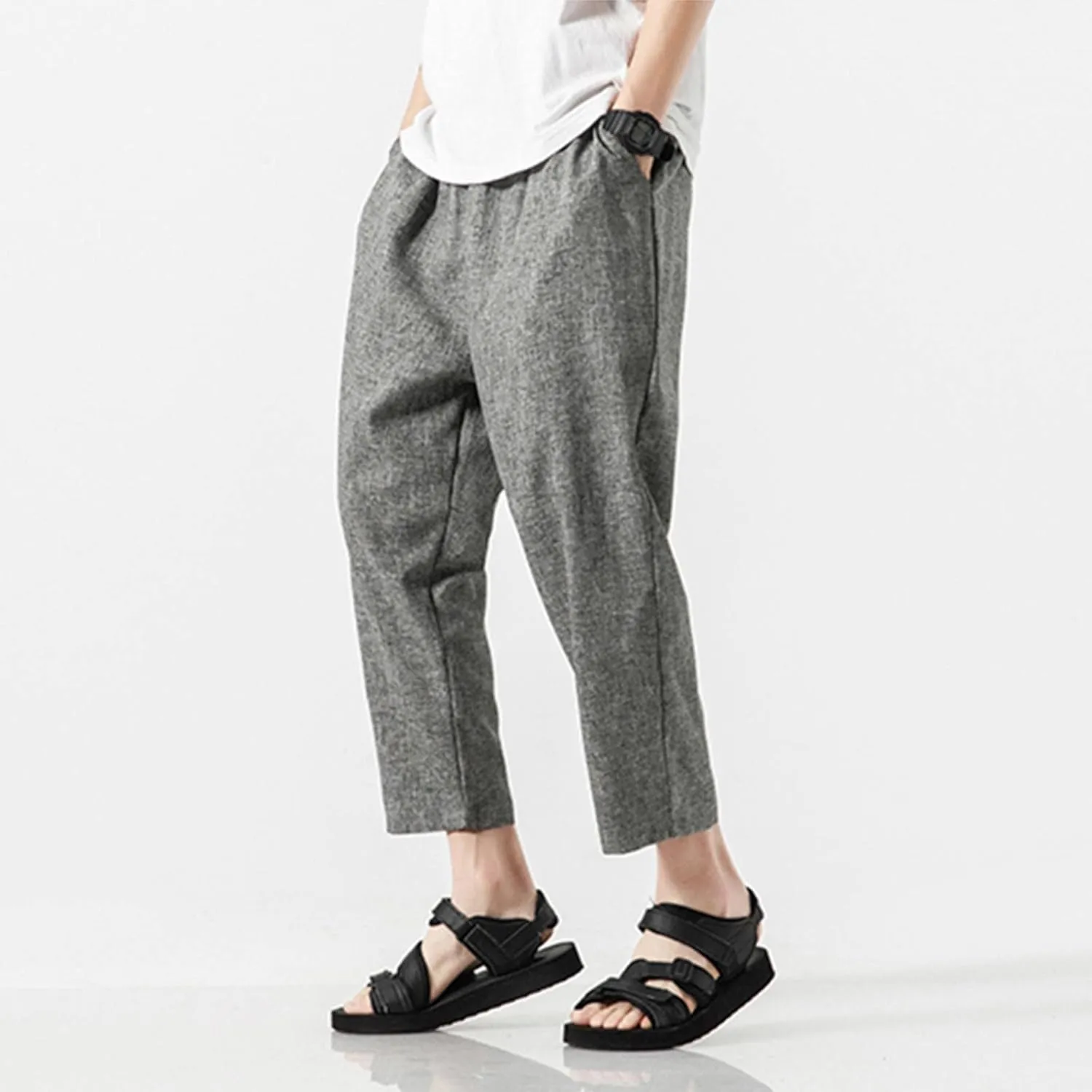 Linen Pants Men Baggy Casual Drawstring Elastic Waist Beach Yoga Pants Summer Lightweight Trousers with Pockets