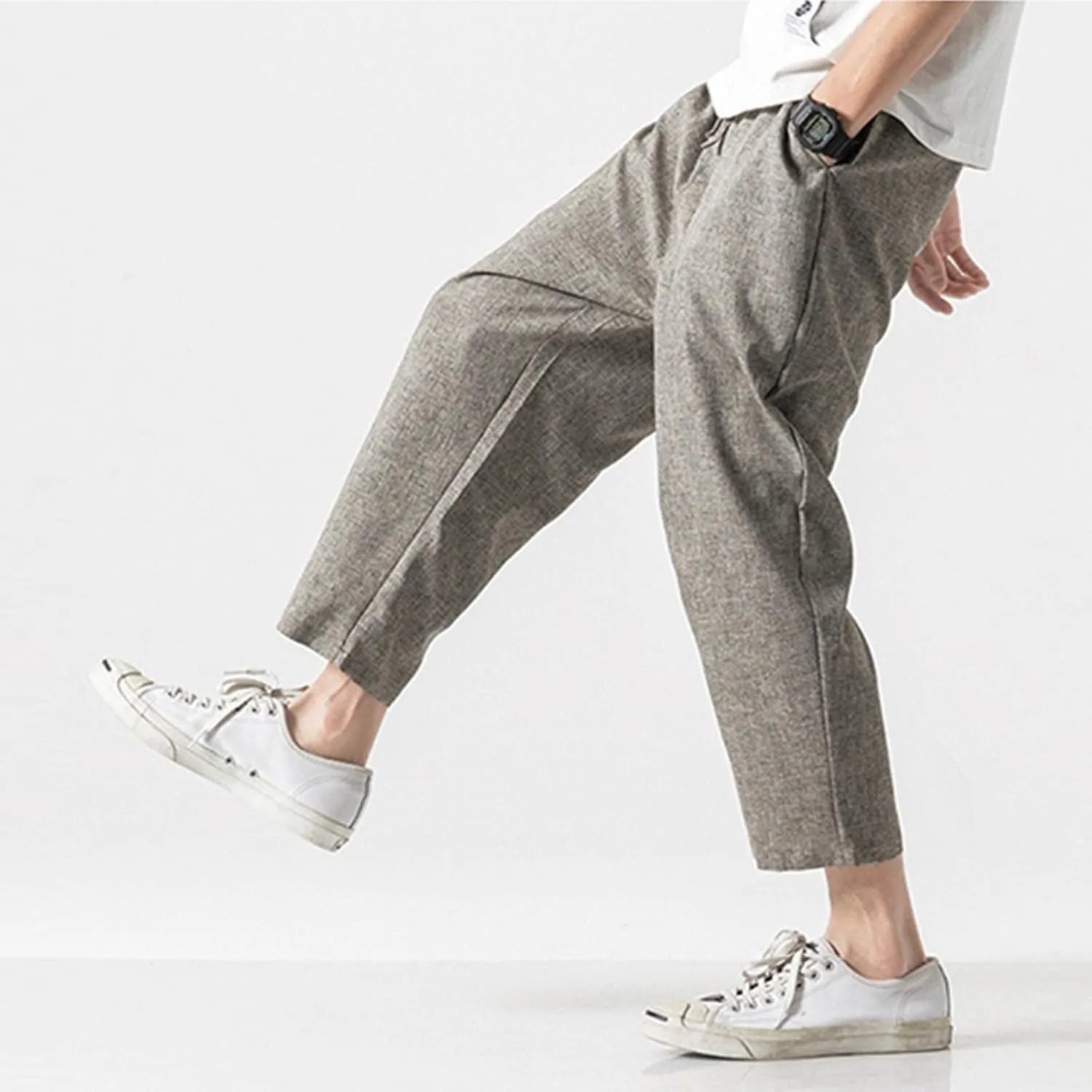 Linen Pants Men Baggy Casual Drawstring Elastic Waist Beach Yoga Pants Summer Lightweight Trousers with Pockets