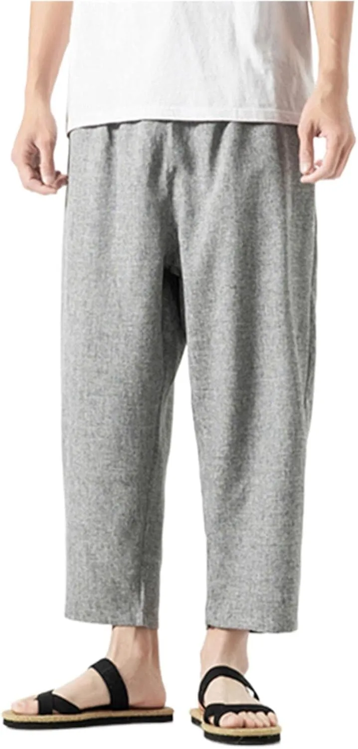 Linen Pants Men Baggy Casual Drawstring Elastic Waist Beach Yoga Pants Summer Lightweight Trousers with Pockets