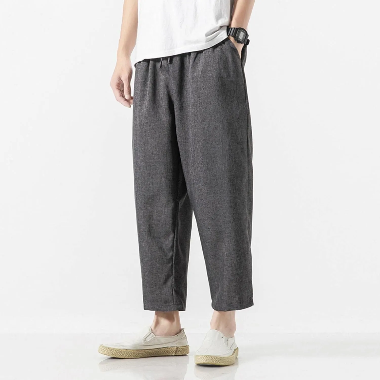 Linen Pants Men Baggy Casual Drawstring Elastic Waist Beach Yoga Pants Summer Lightweight Trousers with Pockets