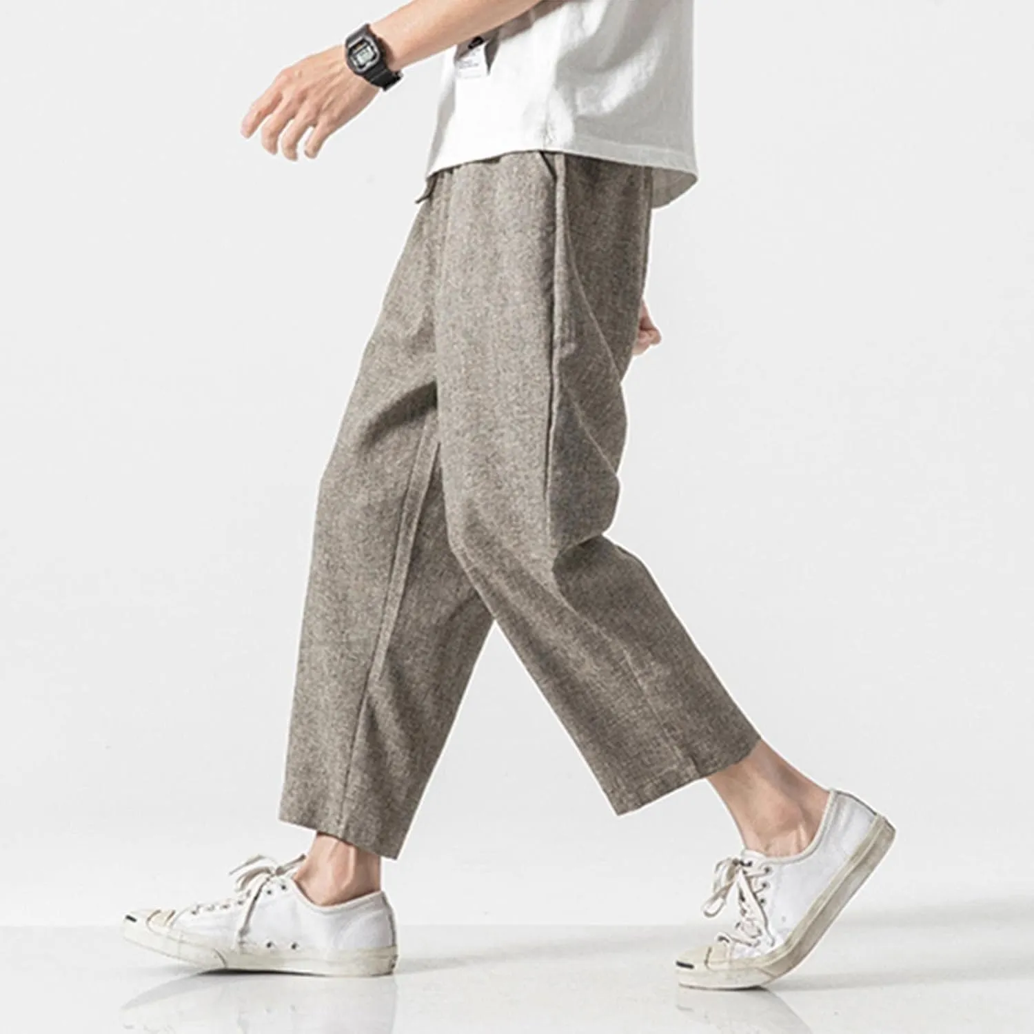Linen Pants Men Baggy Casual Drawstring Elastic Waist Beach Yoga Pants Summer Lightweight Trousers with Pockets