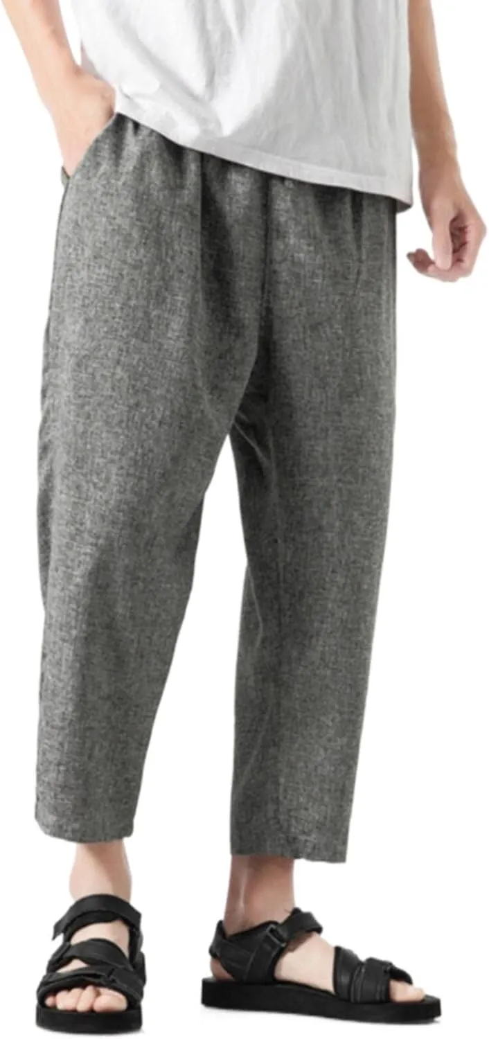 Linen Pants Men Baggy Casual Drawstring Elastic Waist Beach Yoga Pants Summer Lightweight Trousers with Pockets