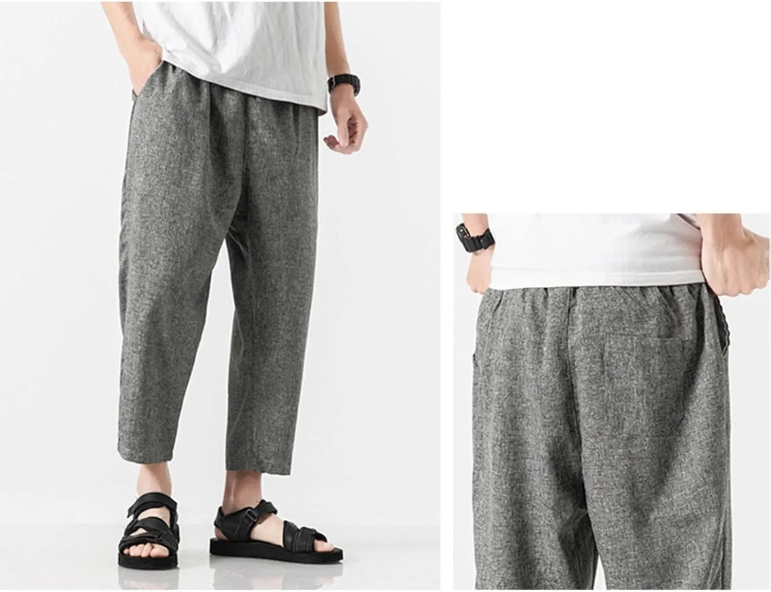 Linen Pants Men Baggy Casual Drawstring Elastic Waist Beach Yoga Pants Summer Lightweight Trousers with Pockets