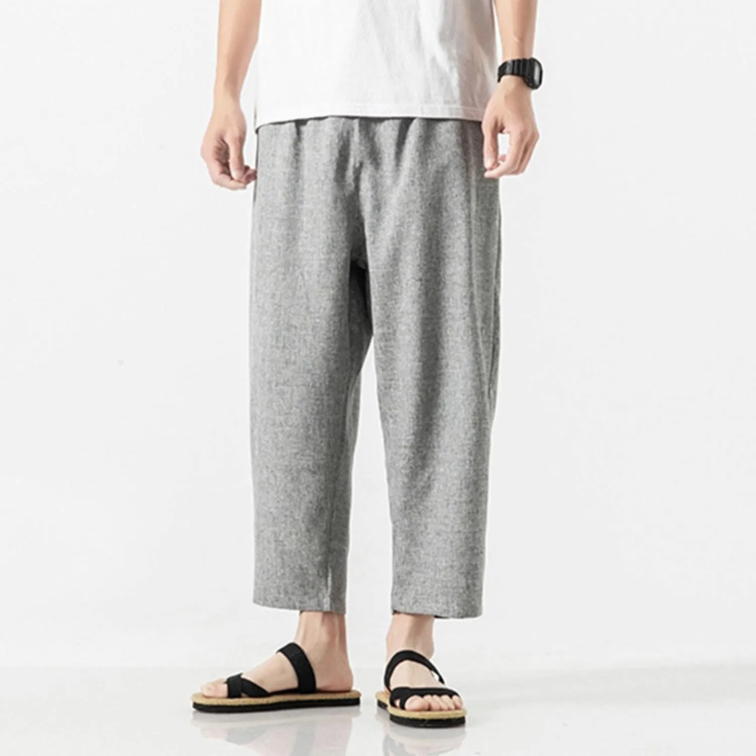 Linen Pants Men Baggy Casual Drawstring Elastic Waist Beach Yoga Pants Summer Lightweight Trousers with Pockets