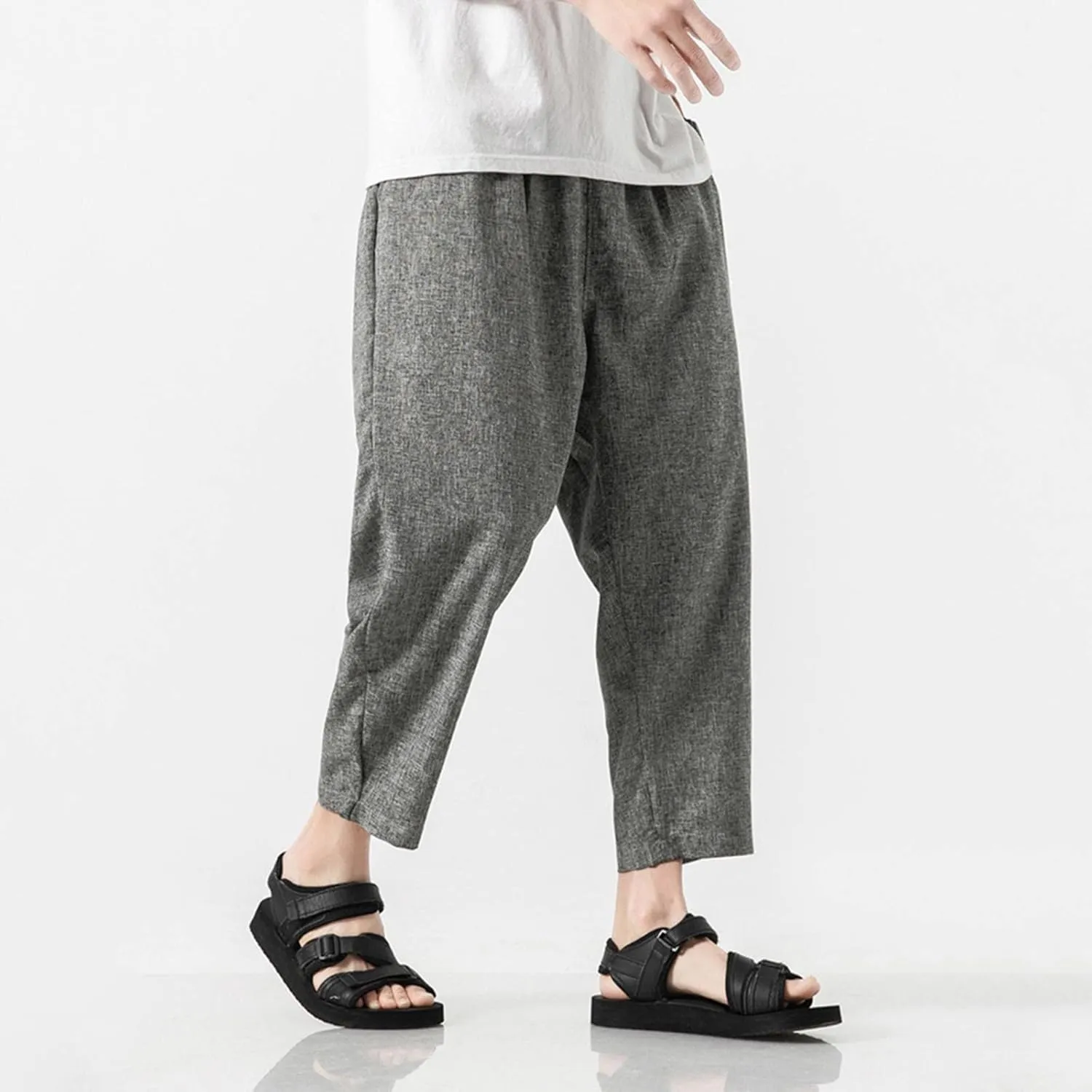 Linen Pants Men Baggy Casual Drawstring Elastic Waist Beach Yoga Pants Summer Lightweight Trousers with Pockets