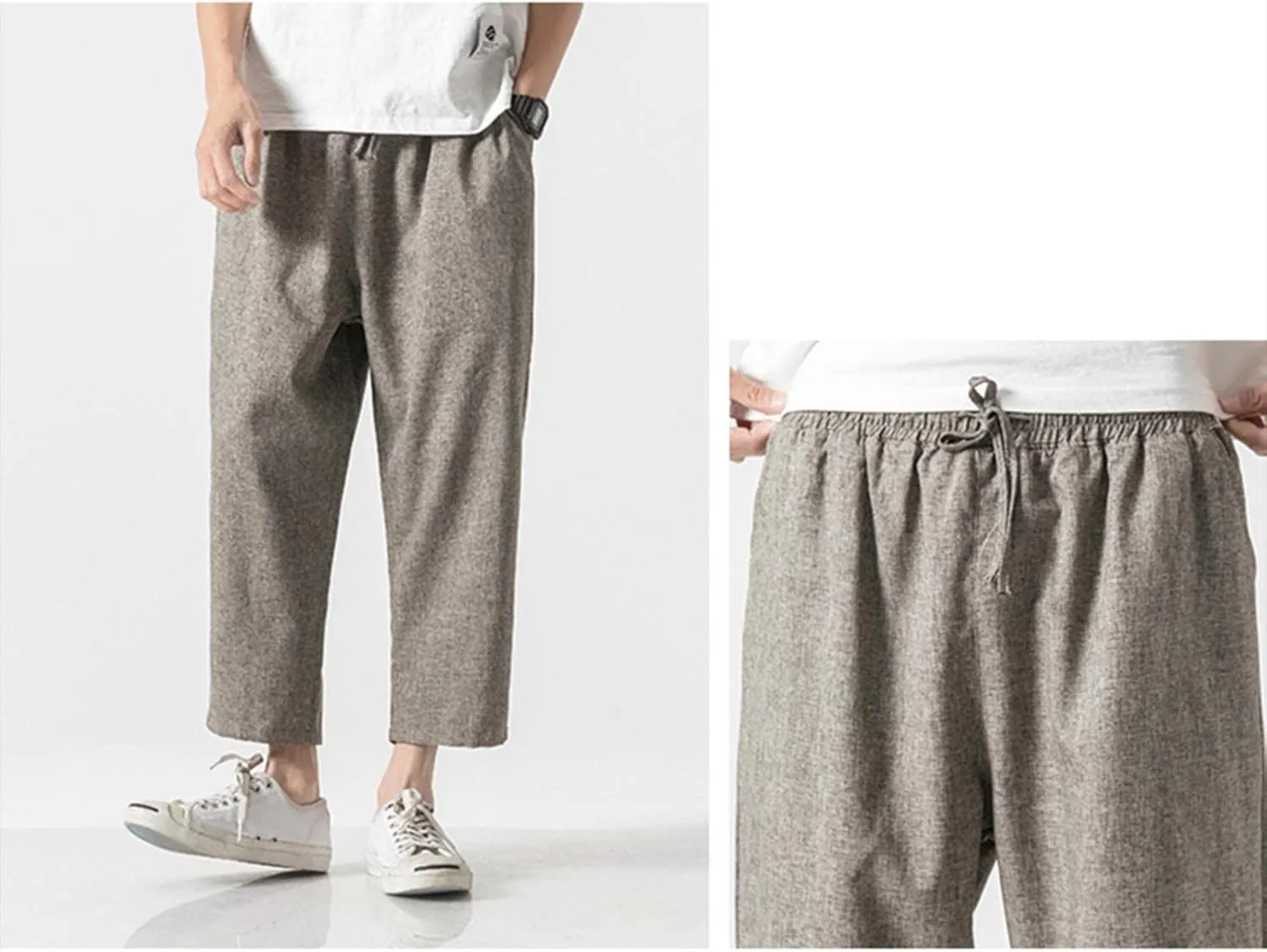 Linen Pants Men Baggy Casual Drawstring Elastic Waist Beach Yoga Pants Summer Lightweight Trousers with Pockets