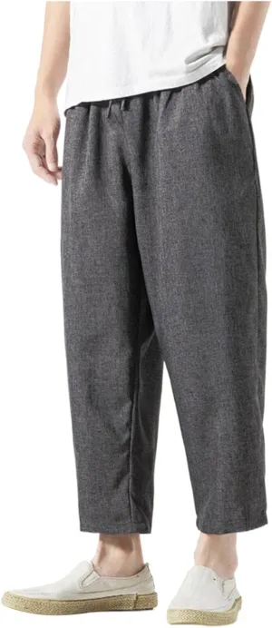 Linen Pants Men Baggy Casual Drawstring Elastic Waist Beach Yoga Pants Summer Lightweight Trousers with Pockets