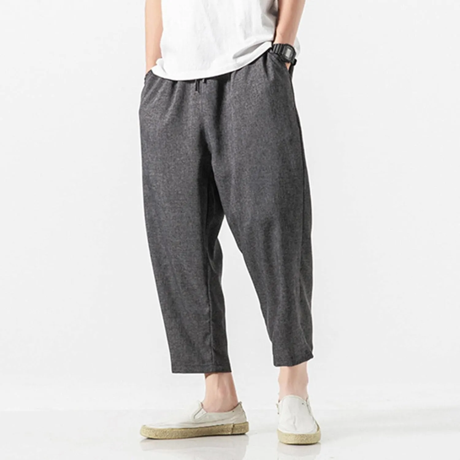 Linen Pants Men Baggy Casual Drawstring Elastic Waist Beach Yoga Pants Summer Lightweight Trousers with Pockets