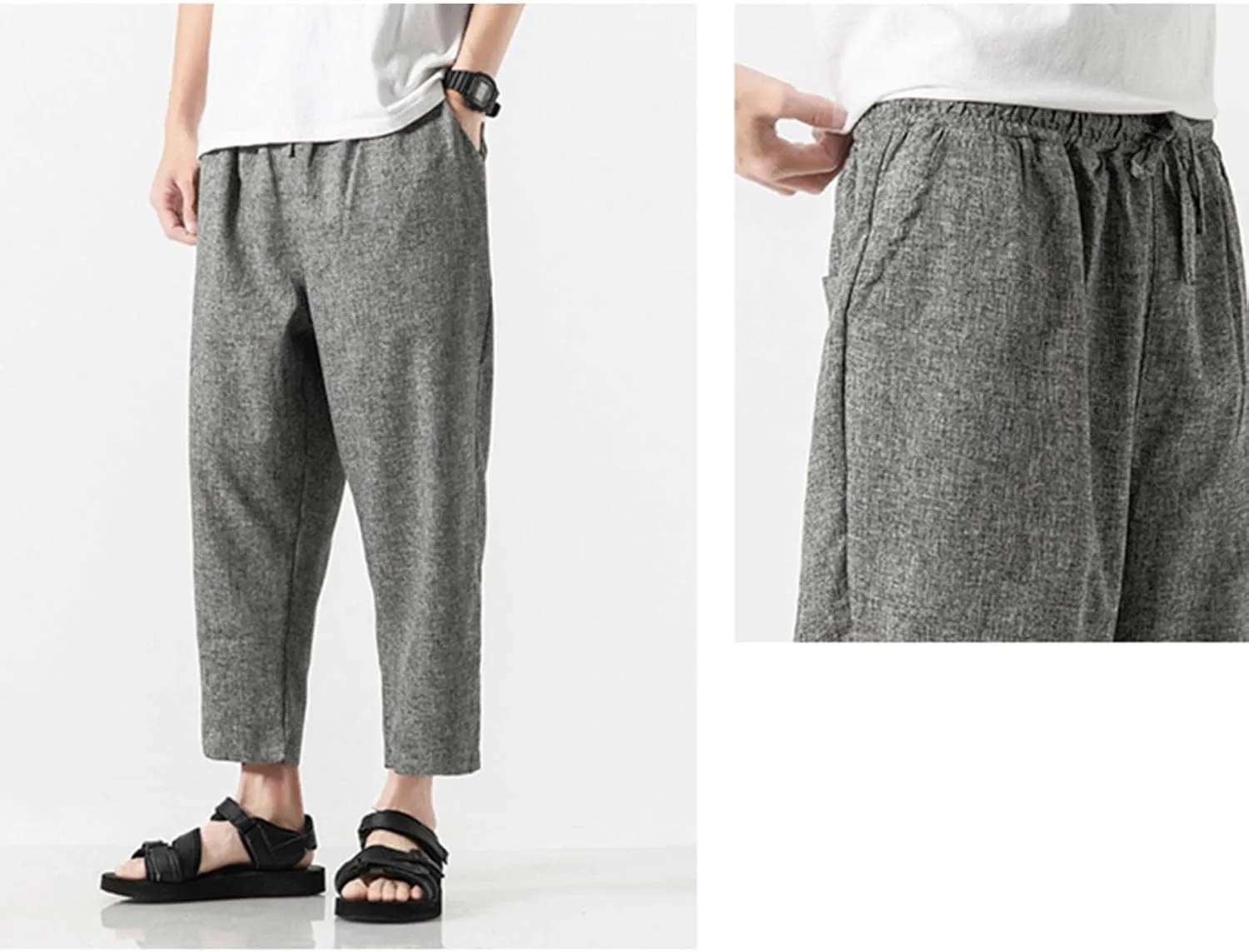 Linen Pants Men Baggy Casual Drawstring Elastic Waist Beach Yoga Pants Summer Lightweight Trousers with Pockets