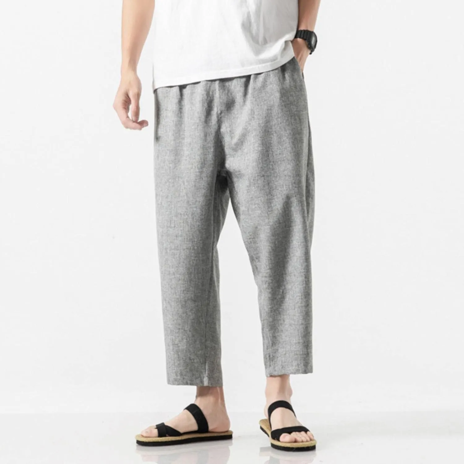 Linen Pants Men Baggy Casual Drawstring Elastic Waist Beach Yoga Pants Summer Lightweight Trousers with Pockets