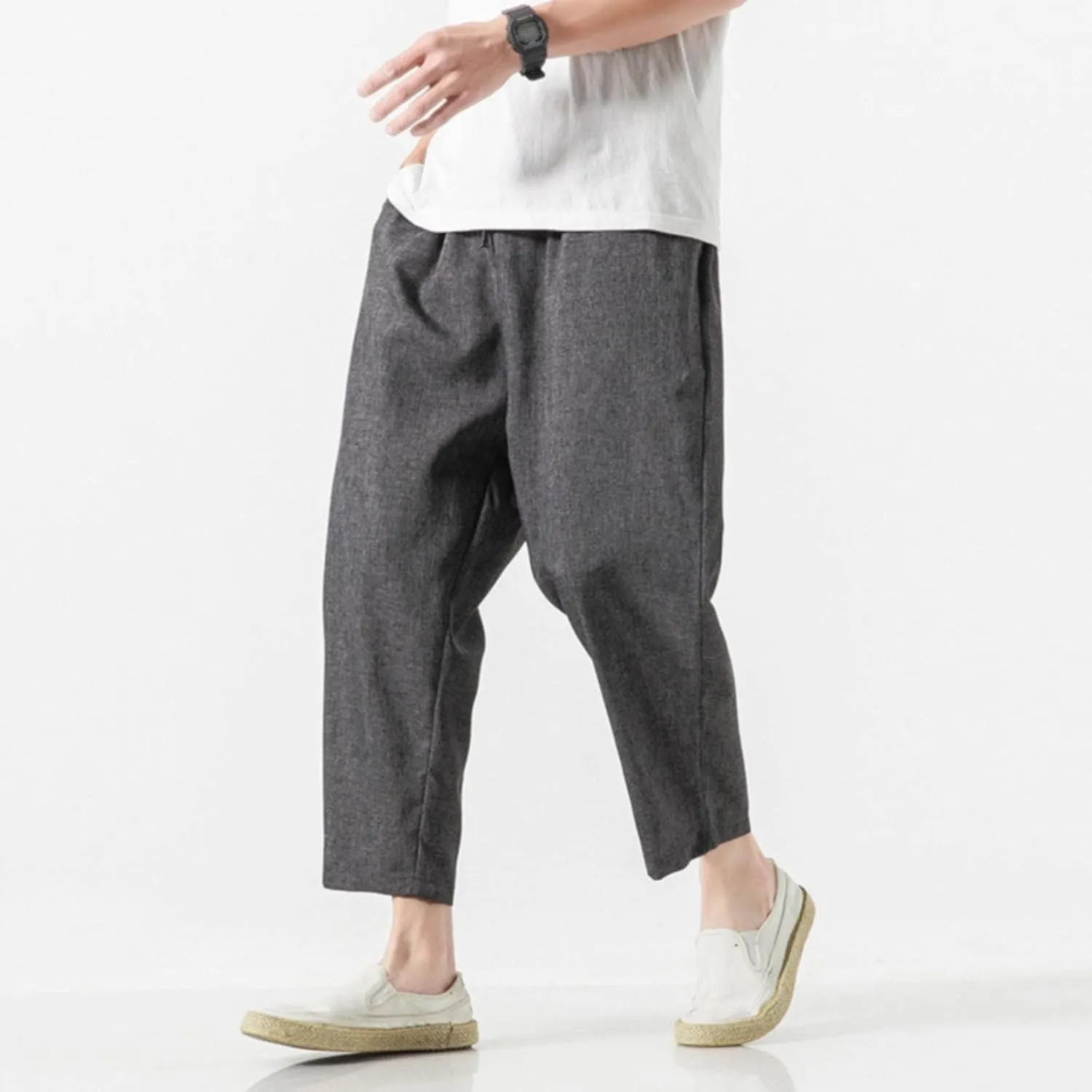 Linen Pants Men Baggy Casual Drawstring Elastic Waist Beach Yoga Pants Summer Lightweight Trousers with Pockets