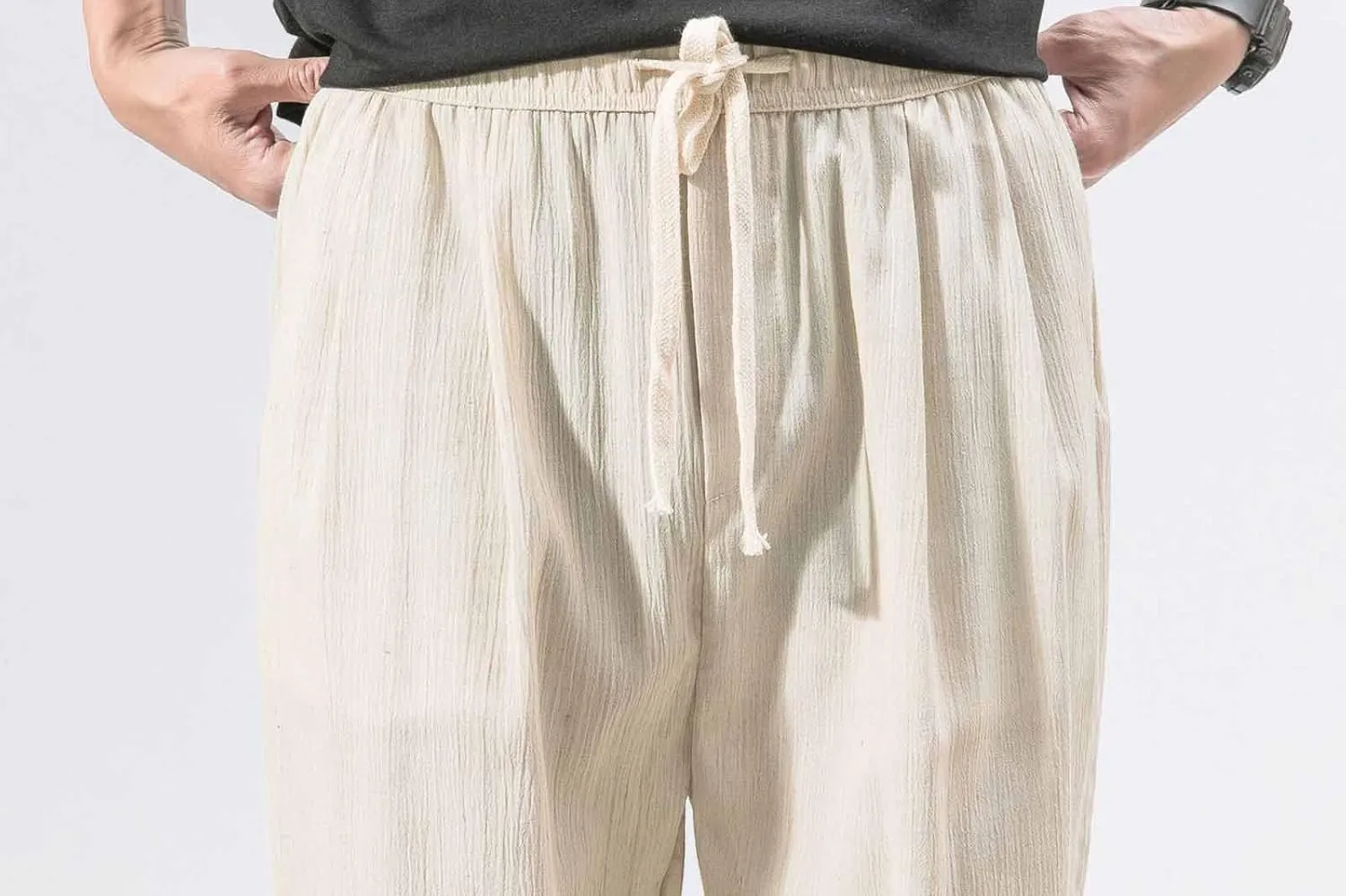 Linen Pants Men Beach Casual Drawstring Elastic Waist Beach Yoga Pants Summer Lightweight Trousers with Pockets