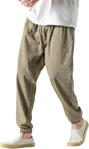 Linen Pants Men Beach Casual Drawstring Elastic Waist Beach Yoga Pants Summer Lightweight Trousers with Pockets