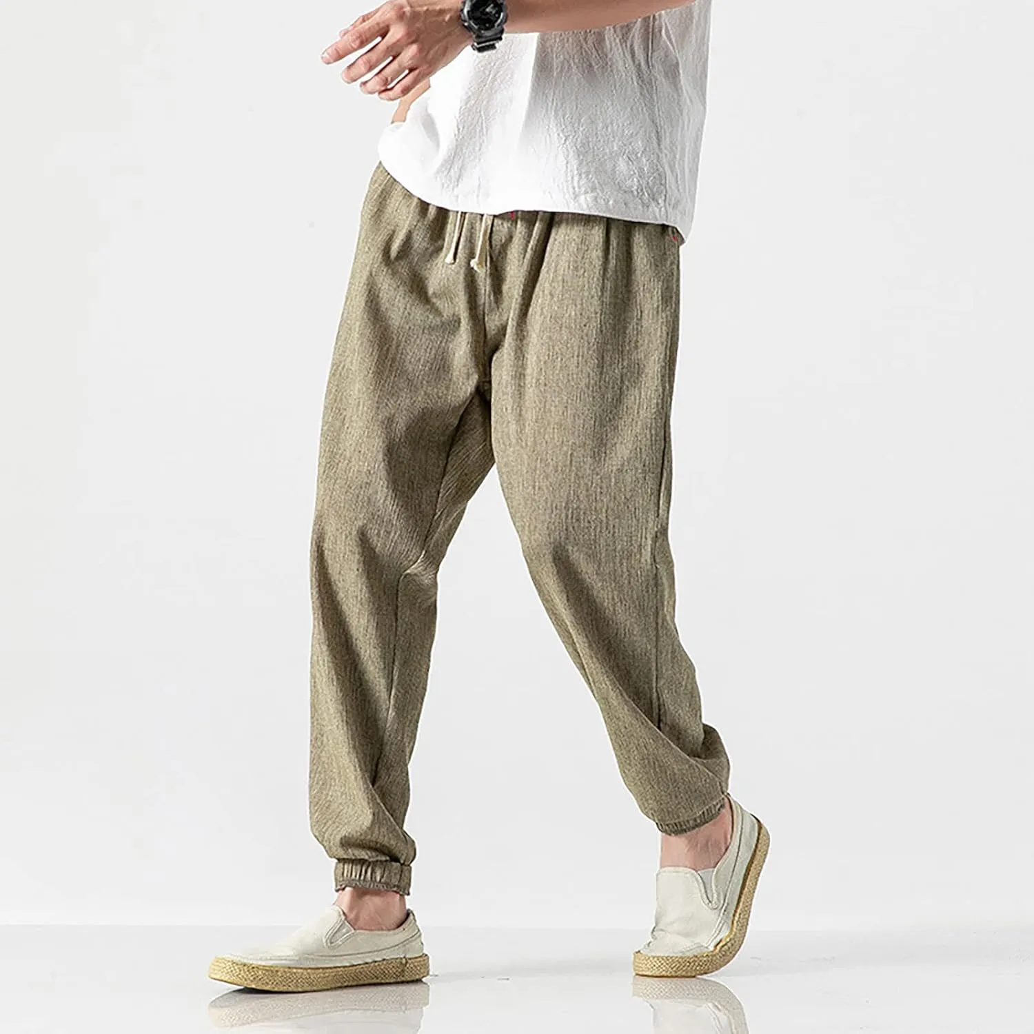 Linen Pants Men Beach Casual Drawstring Elastic Waist Beach Yoga Pants Summer Lightweight Trousers with Pockets