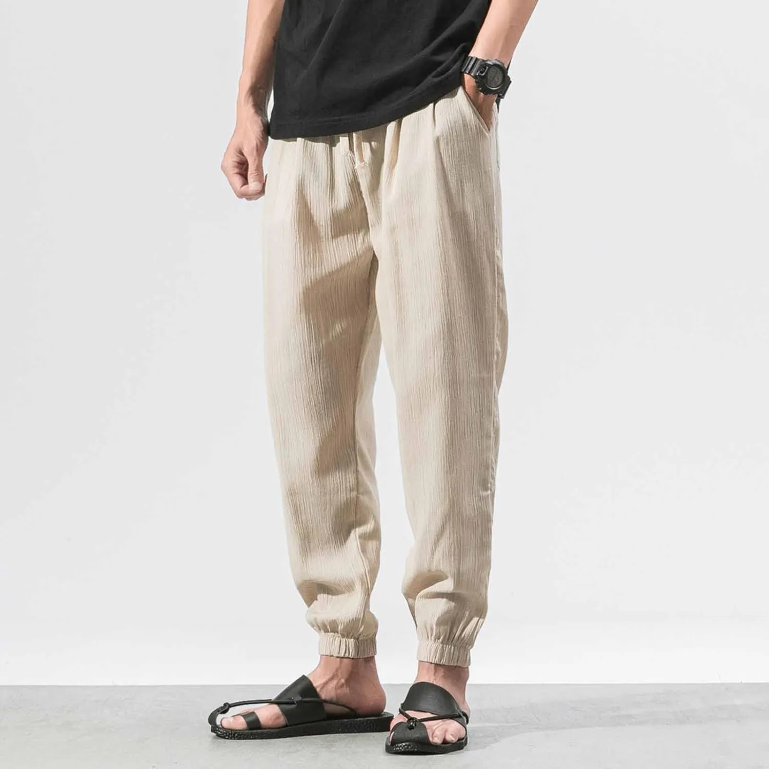 Linen Pants Men Beach Casual Drawstring Elastic Waist Beach Yoga Pants Summer Lightweight Trousers with Pockets