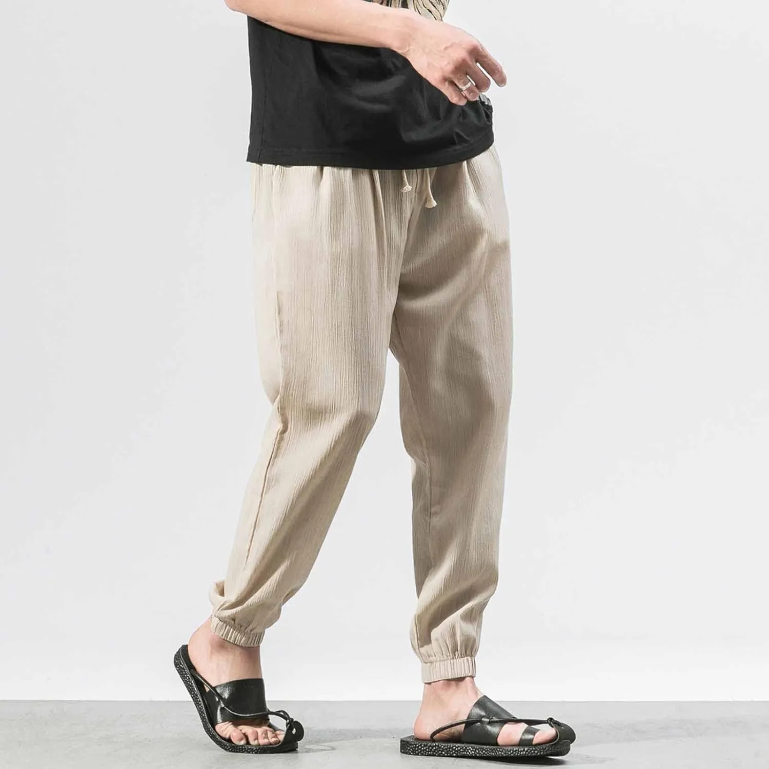Linen Pants Men Beach Casual Drawstring Elastic Waist Beach Yoga Pants Summer Lightweight Trousers with Pockets