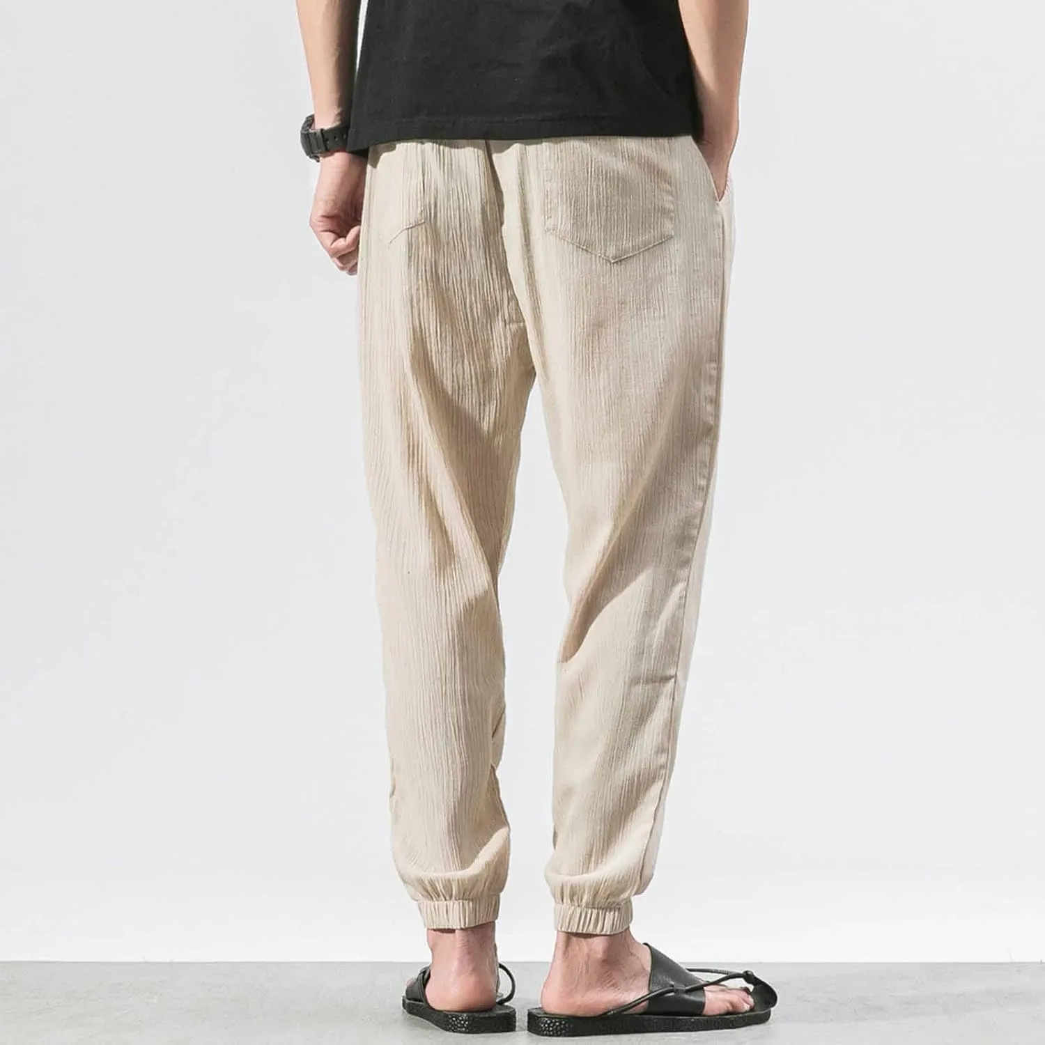 Linen Pants Men Beach Casual Drawstring Elastic Waist Beach Yoga Pants Summer Lightweight Trousers with Pockets