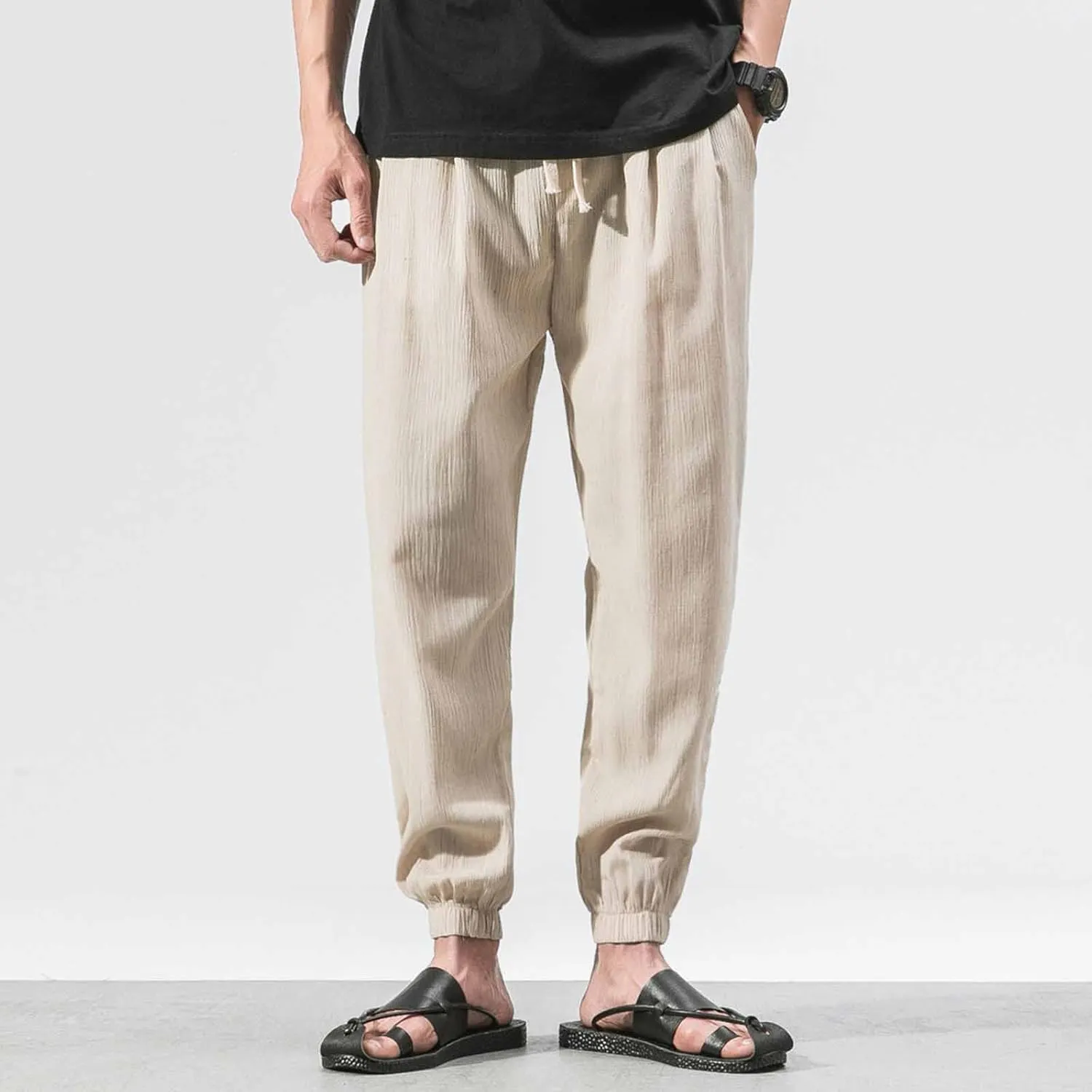 Linen Pants Men Beach Casual Drawstring Elastic Waist Beach Yoga Pants Summer Lightweight Trousers with Pockets