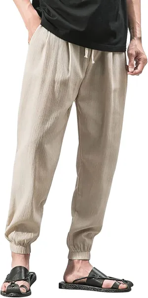 Linen Pants Men Beach Casual Drawstring Elastic Waist Beach Yoga Pants Summer Lightweight Trousers with Pockets