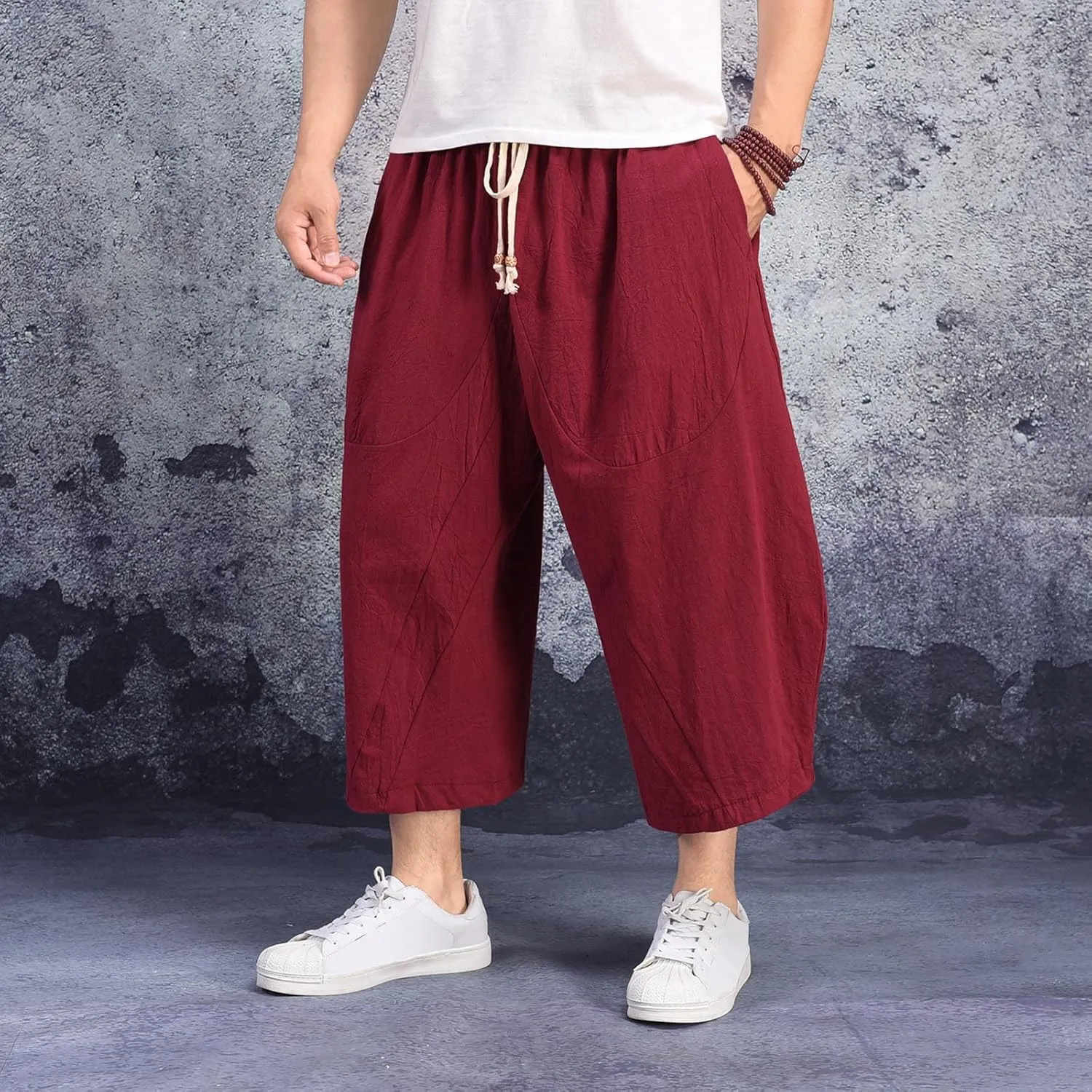 Linen Pants Men Big and Tall Elastic Waist Lounge Hip Hop Harem Pants Summer Casual Straight Leg Dress Trousers