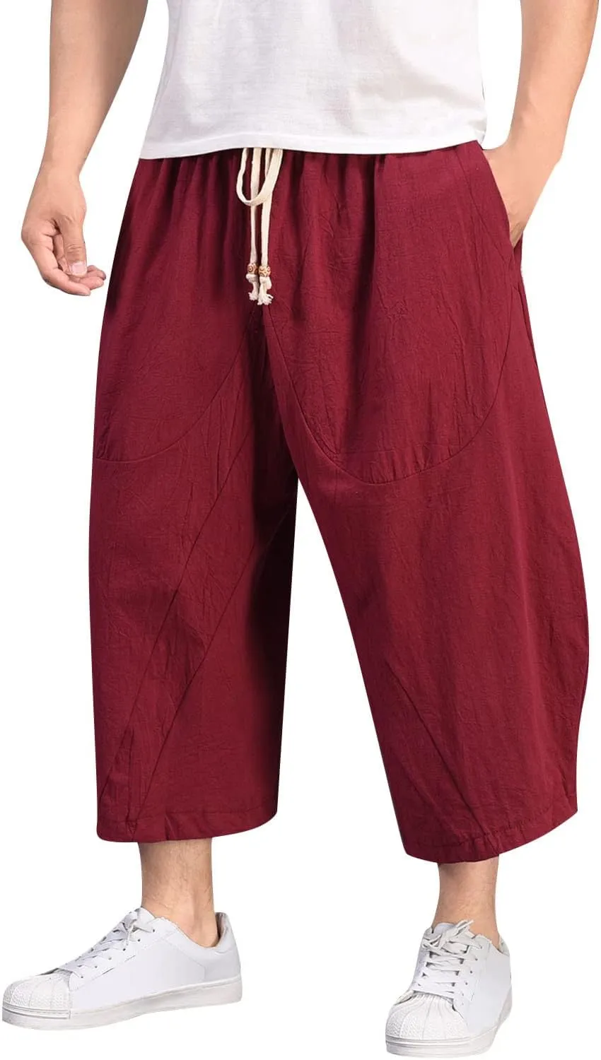 Linen Pants Men Big and Tall Elastic Waist Lounge Hip Hop Harem Pants Summer Casual Straight Leg Dress Trousers