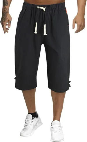 Linen Pants Men Slim Fit Casual Elastic Waist Summer Beach Capri Pants Lightweight Breathable Yoga Vacation Trousers