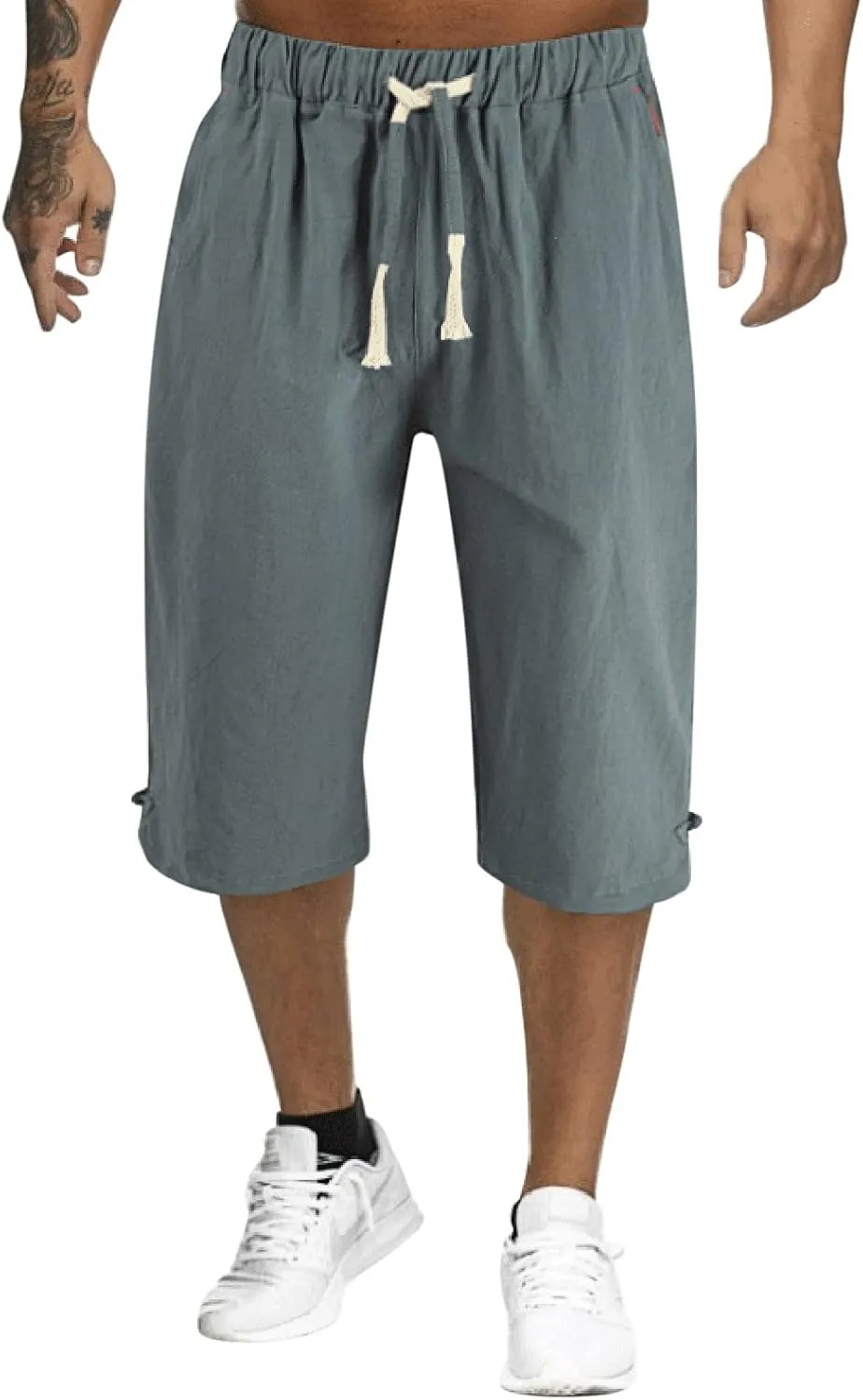 Linen Pants Men Slim Fit Casual Elastic Waist Summer Beach Capri Pants Lightweight Breathable Yoga Vacation Trousers