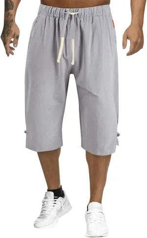 Linen Pants Men Slim Fit Casual Elastic Waist Summer Beach Capri Pants Lightweight Breathable Yoga Vacation Trousers