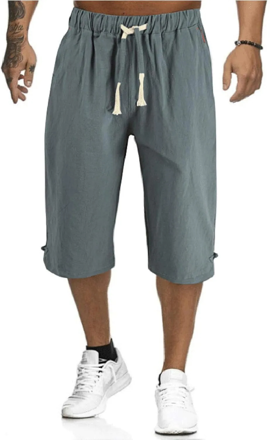 Linen Pants Men Slim Fit Casual Elastic Waist Summer Beach Capri Pants Lightweight Breathable Yoga Vacation Trousers