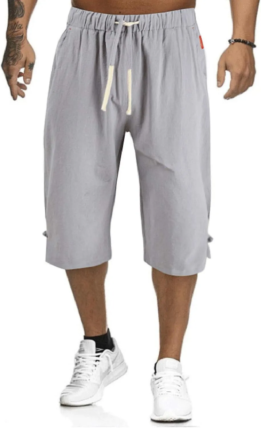 Linen Pants Men Slim Fit Casual Elastic Waist Summer Beach Capri Pants Lightweight Breathable Yoga Vacation Trousers