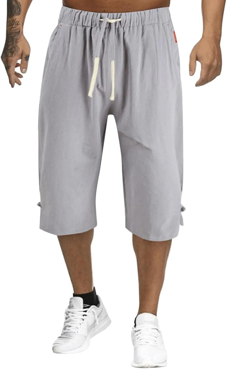 Linen Pants Men Slim Fit Casual Elastic Waist Summer Beach Capri Pants Lightweight Breathable Yoga Vacation Trousers
