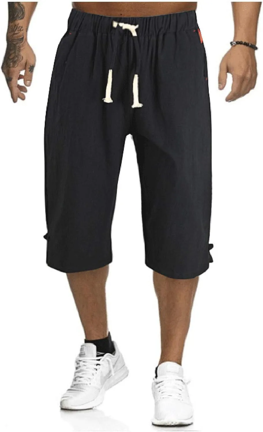 Linen Pants Men Slim Fit Casual Elastic Waist Summer Beach Capri Pants Lightweight Breathable Yoga Vacation Trousers
