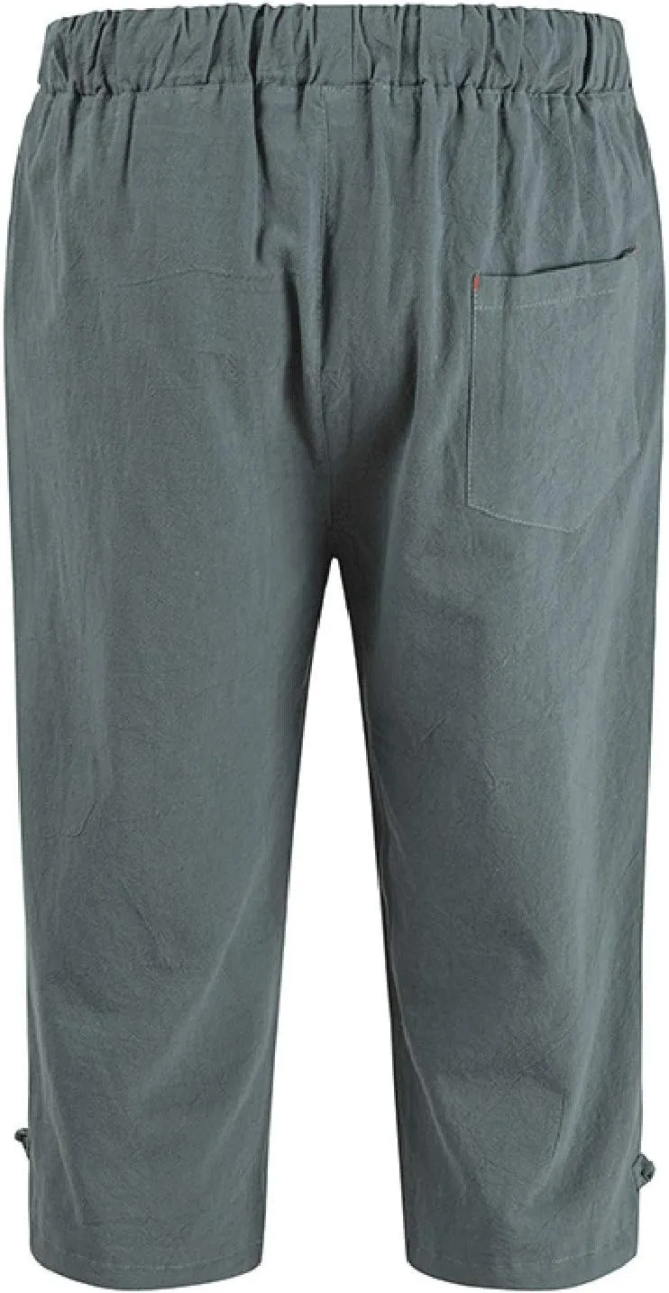 Linen Pants Men Slim Fit Casual Elastic Waist Summer Beach Capri Pants Lightweight Breathable Yoga Vacation Trousers