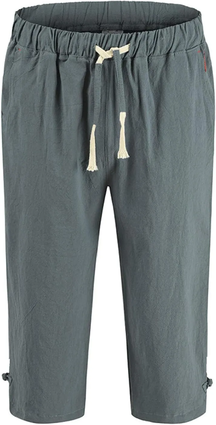 Linen Pants Men Slim Fit Casual Elastic Waist Summer Beach Capri Pants Lightweight Breathable Yoga Vacation Trousers