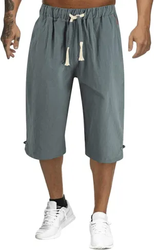 Linen Pants Men Slim Fit Casual Elastic Waist Summer Beach Capri Pants Lightweight Breathable Yoga Vacation Trousers