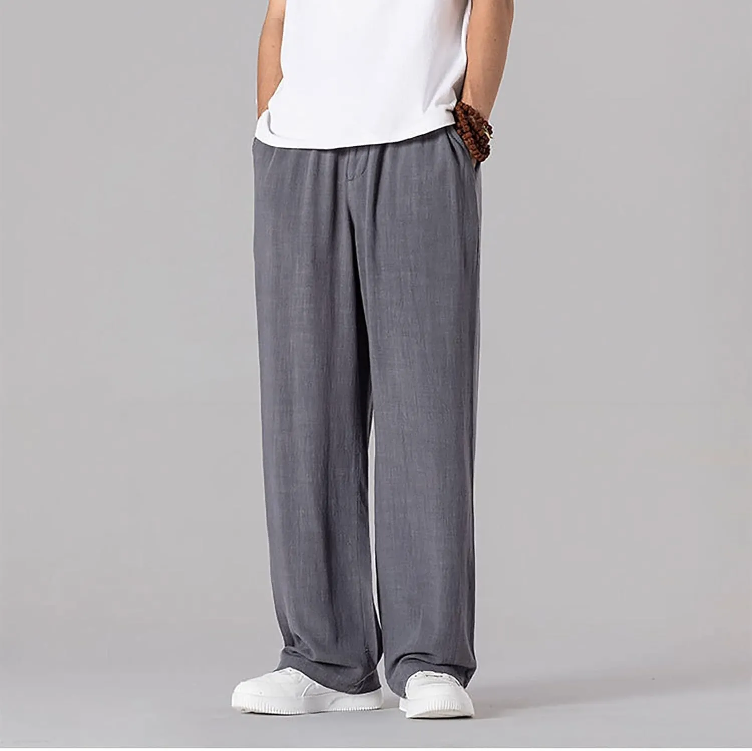 Linen Pants Men Tapered Leg Casual Drawstring Elastic Waist Beach Yoga Pants Summer Lightweight Trousers with Pockets