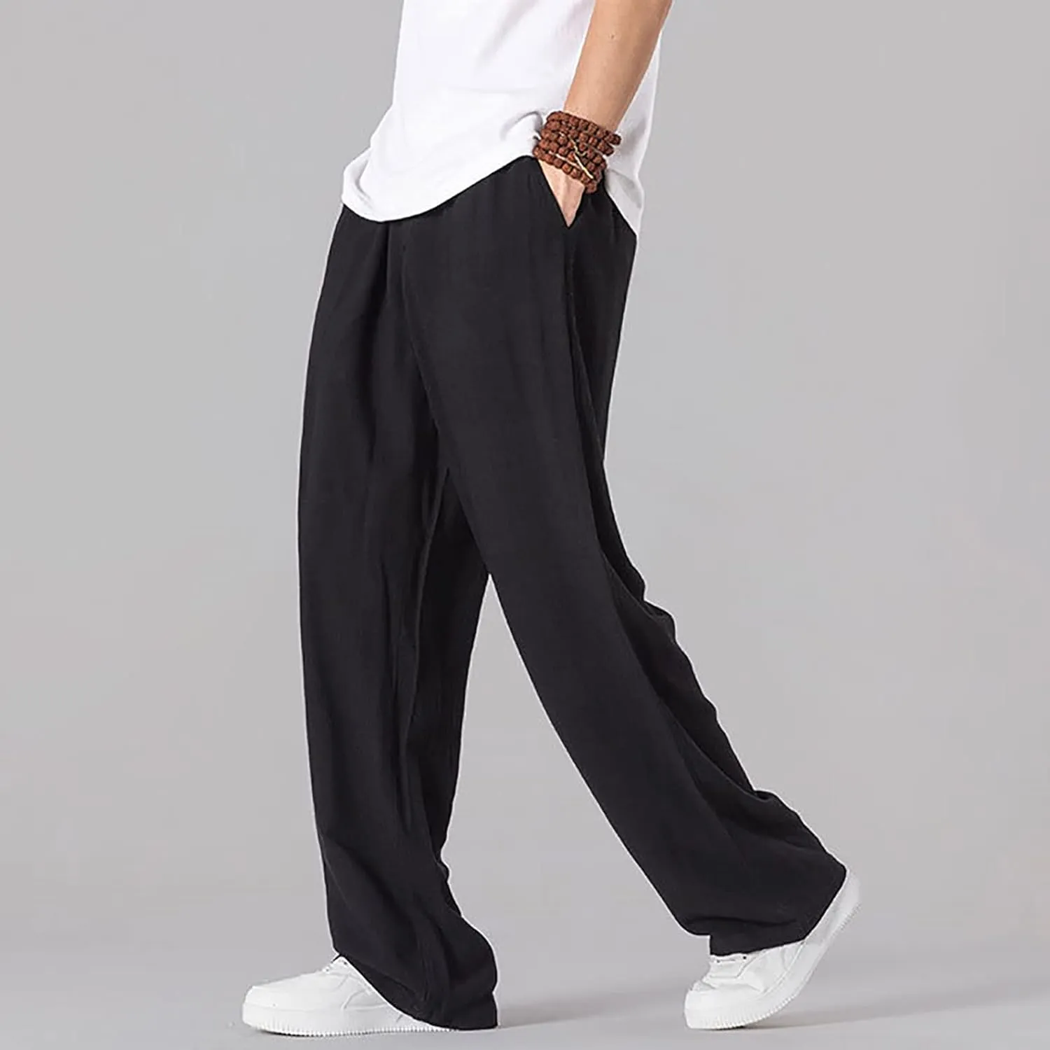 Linen Pants Men Tapered Leg Casual Drawstring Elastic Waist Beach Yoga Pants Summer Lightweight Trousers with Pockets