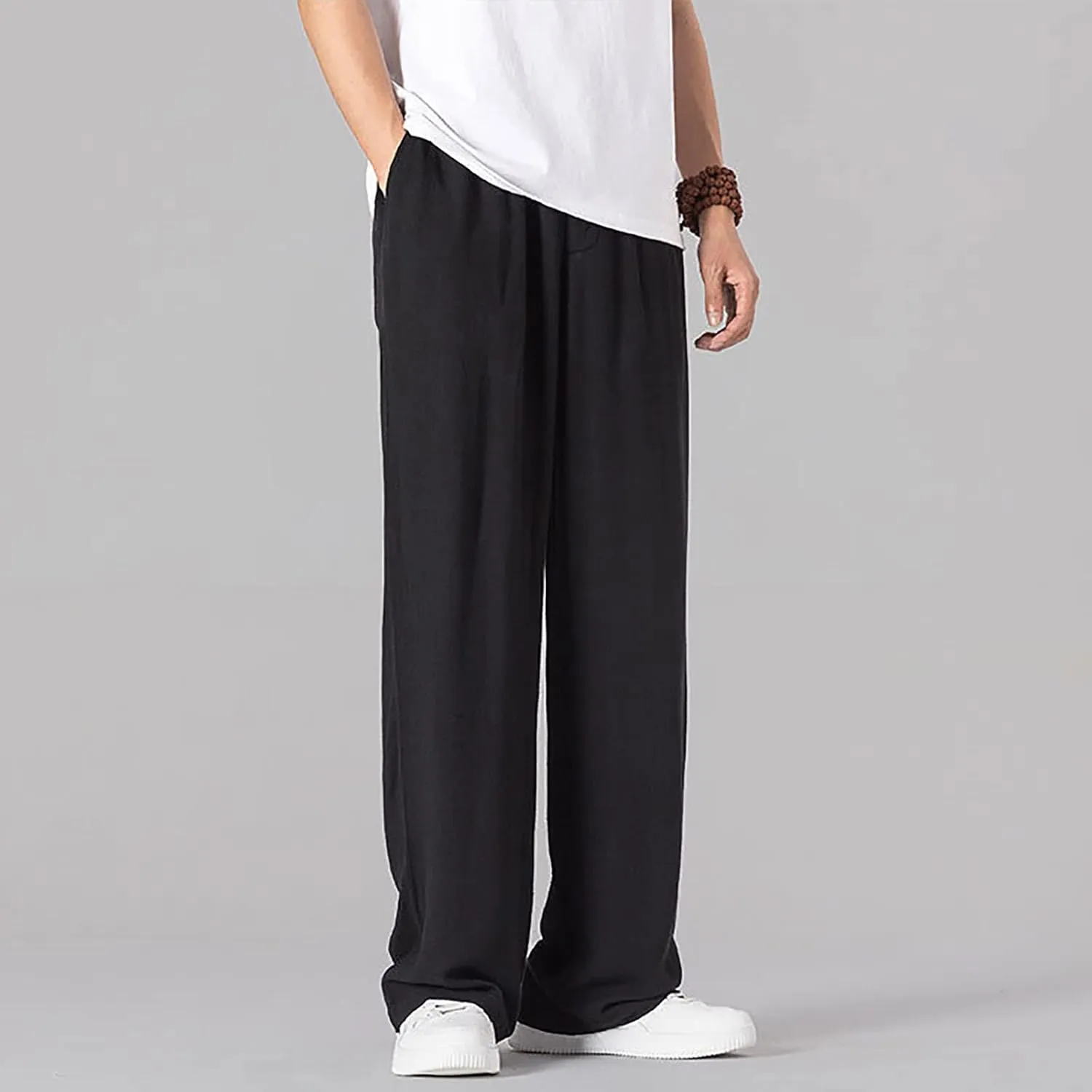 Linen Pants Men Tapered Leg Casual Drawstring Elastic Waist Beach Yoga Pants Summer Lightweight Trousers with Pockets